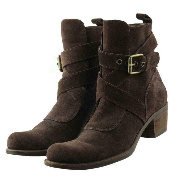 COLE HAAN G SERIES Ankle Boots Dark Brown Suede Sz. 9 B Buckled Chunky Heel - Picture 1 of 7